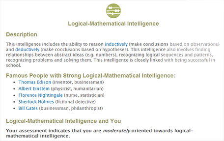 MI Advantage Logical Mathematical Intelligence report page
