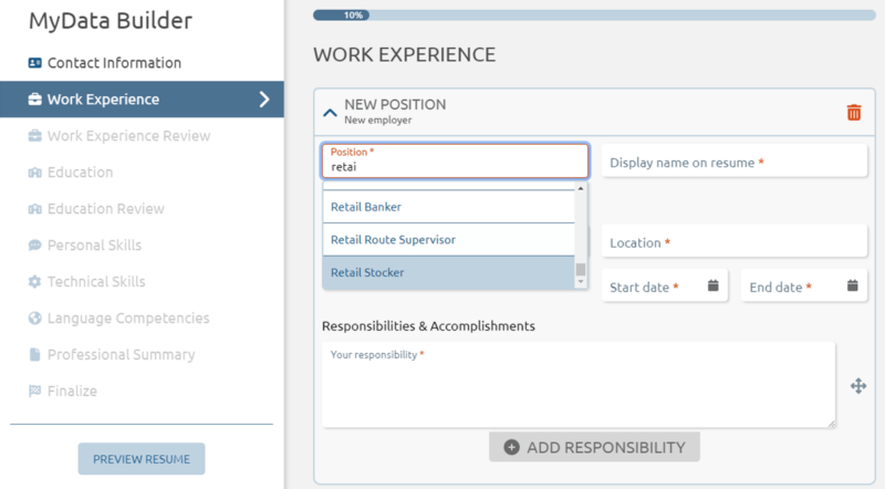 MyData Builder work experience page